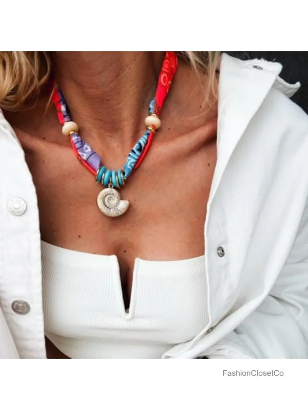 Conch Shell Scarf Charm Necklace Boho Wrap Bandana Statement Jewelry